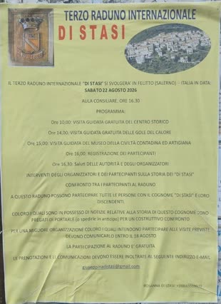 Locandina del Terzo Raduno Internazionale dei Di Stasi a Felitto, sabato 22 agosto 2026